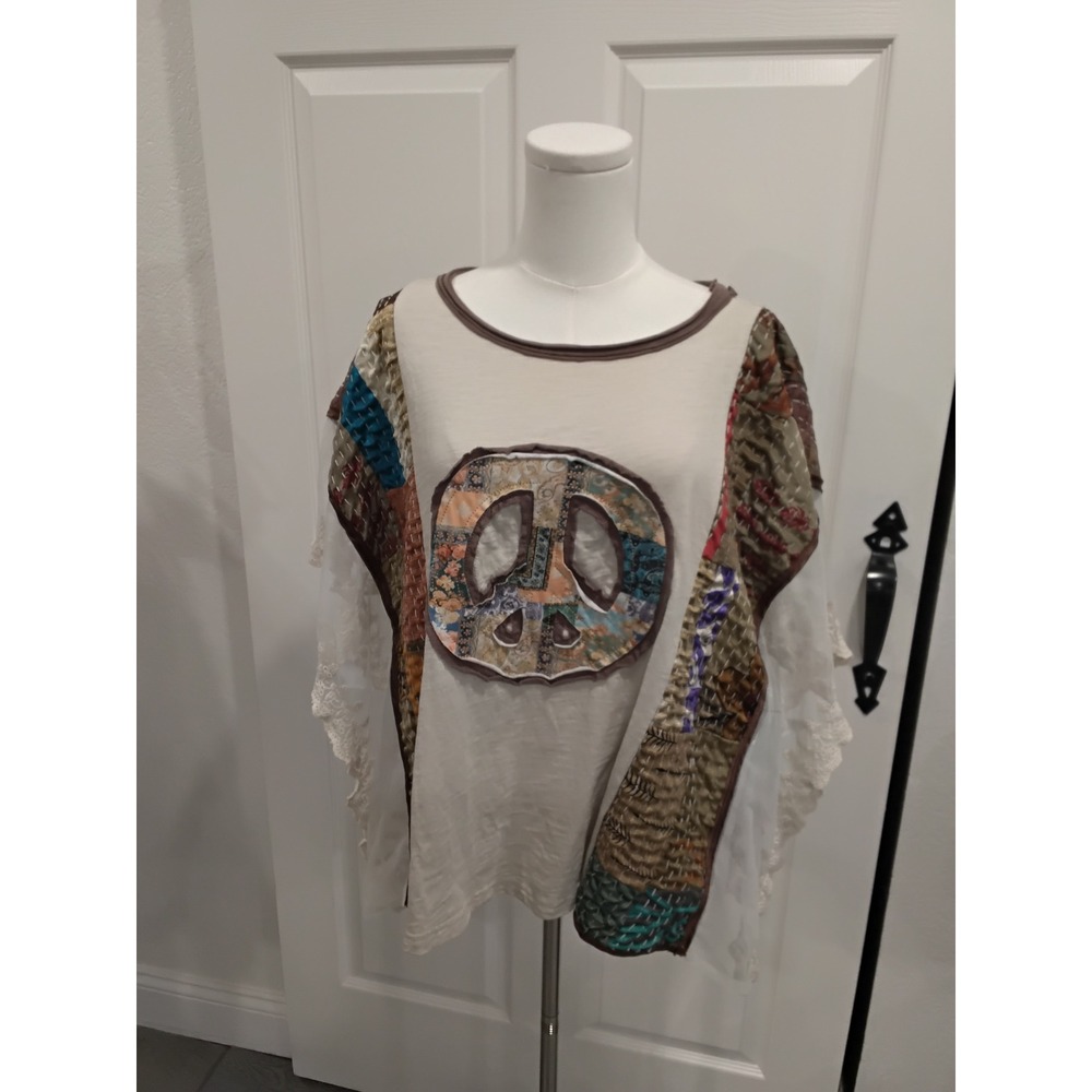 Boho Patchwork Peace Sign Poncho Top White Lace Trim Women's One Size